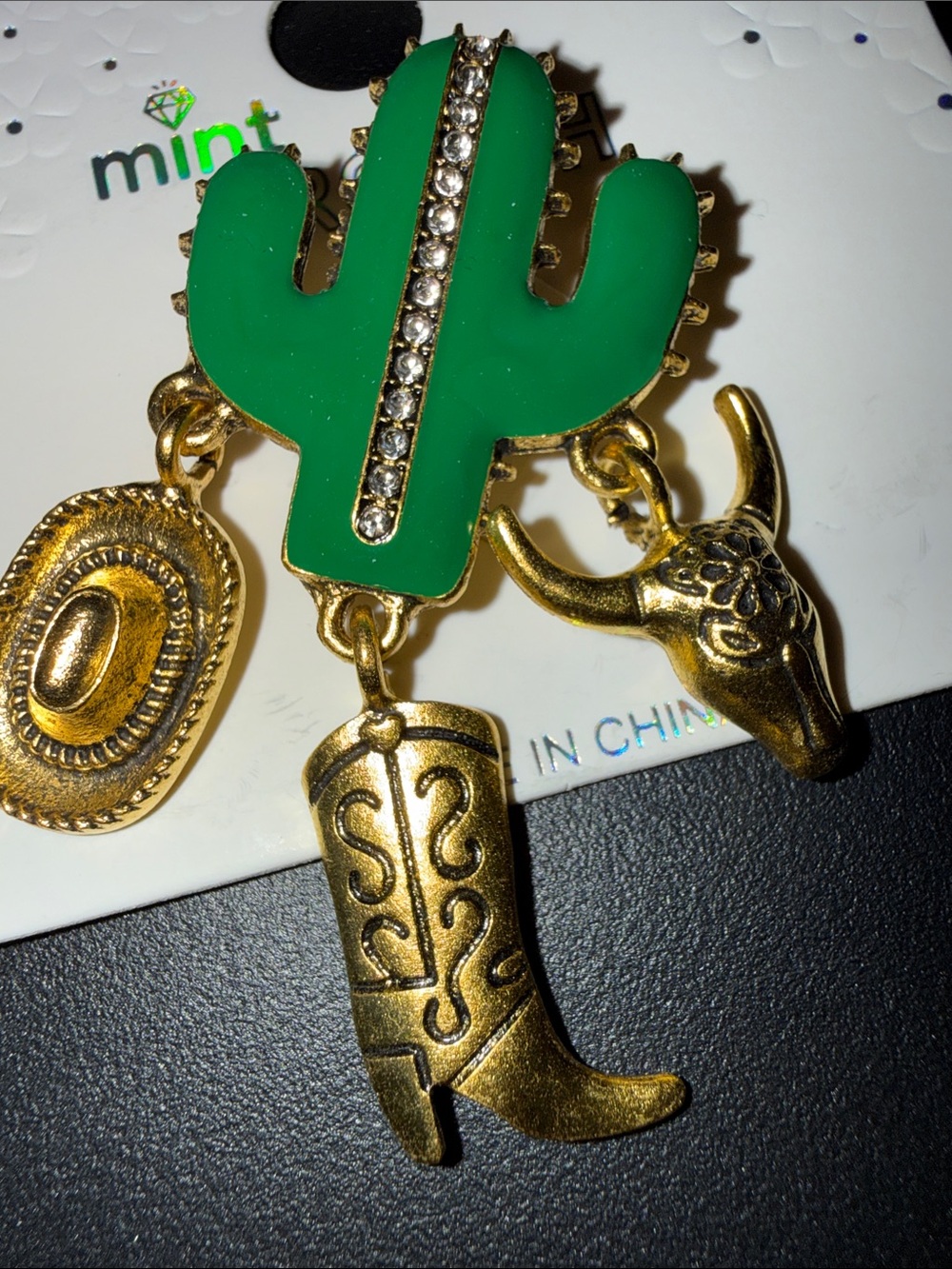 Mint Green Cactus Charm Brooch with Gold Western Dangles
